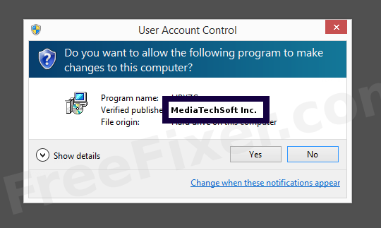 Screenshot where MediaTechSoft Inc. appears as the verified publisher in the UAC dialog